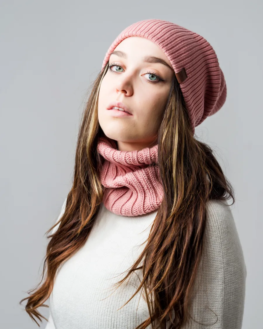 Beanie and neck warmer set in powder pink